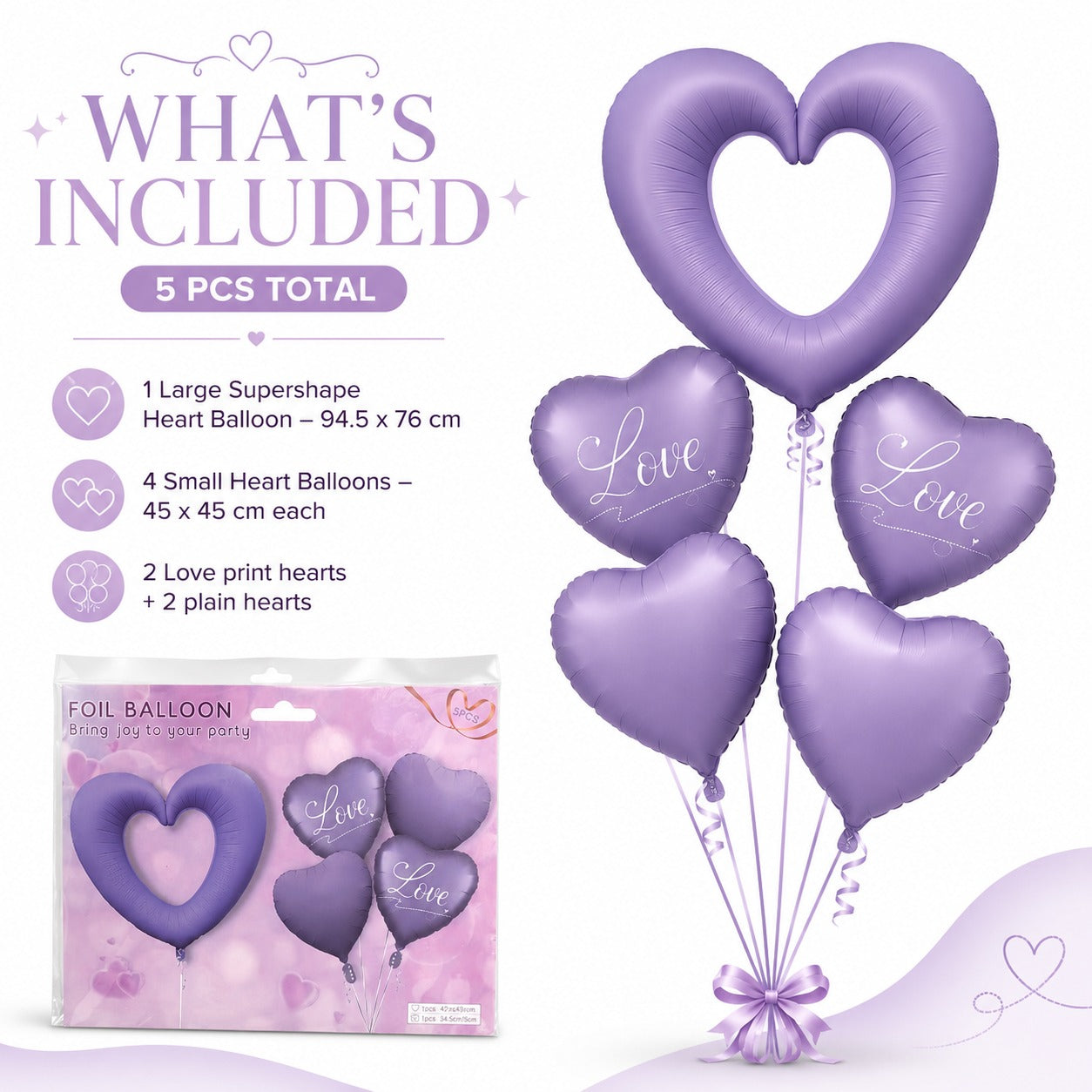 Purple Heart Foil Balloon Set - 5PC | Large Hollow LOVE Heart with Plain Heart Balloons