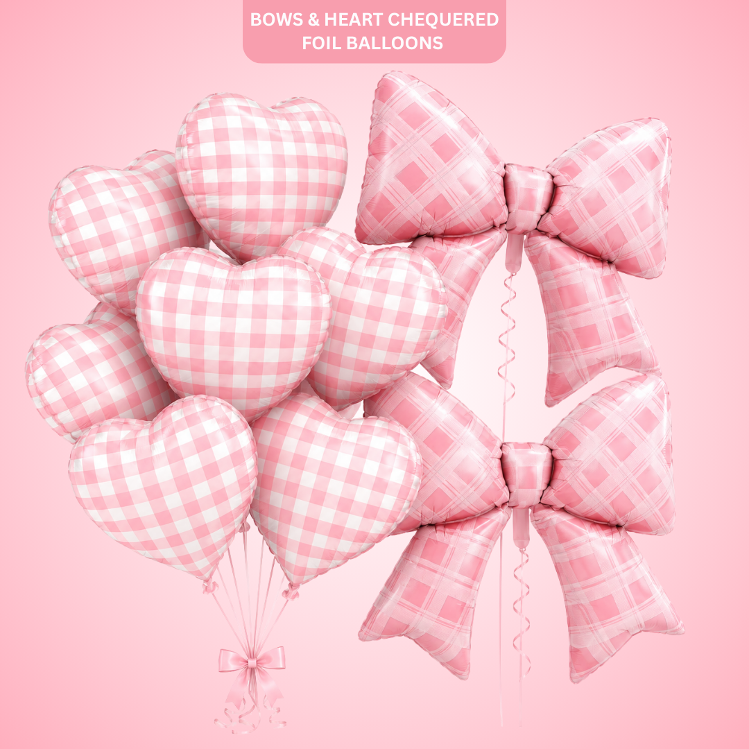 Bows & Heart Shaped Gingham Design Chequered Foil Balloons Set - 12PC | Bow - 30 inches , Heart - 18 inches