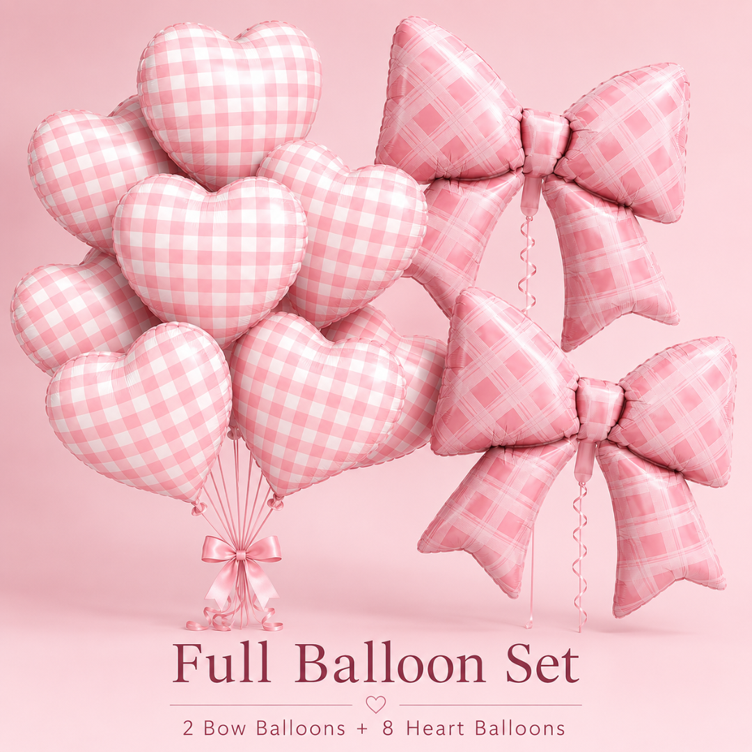 Bows & Heart Shaped Gingham Design Chequered Foil Balloons Set - 12PC | Bow - 30 inches , Heart - 18 inches