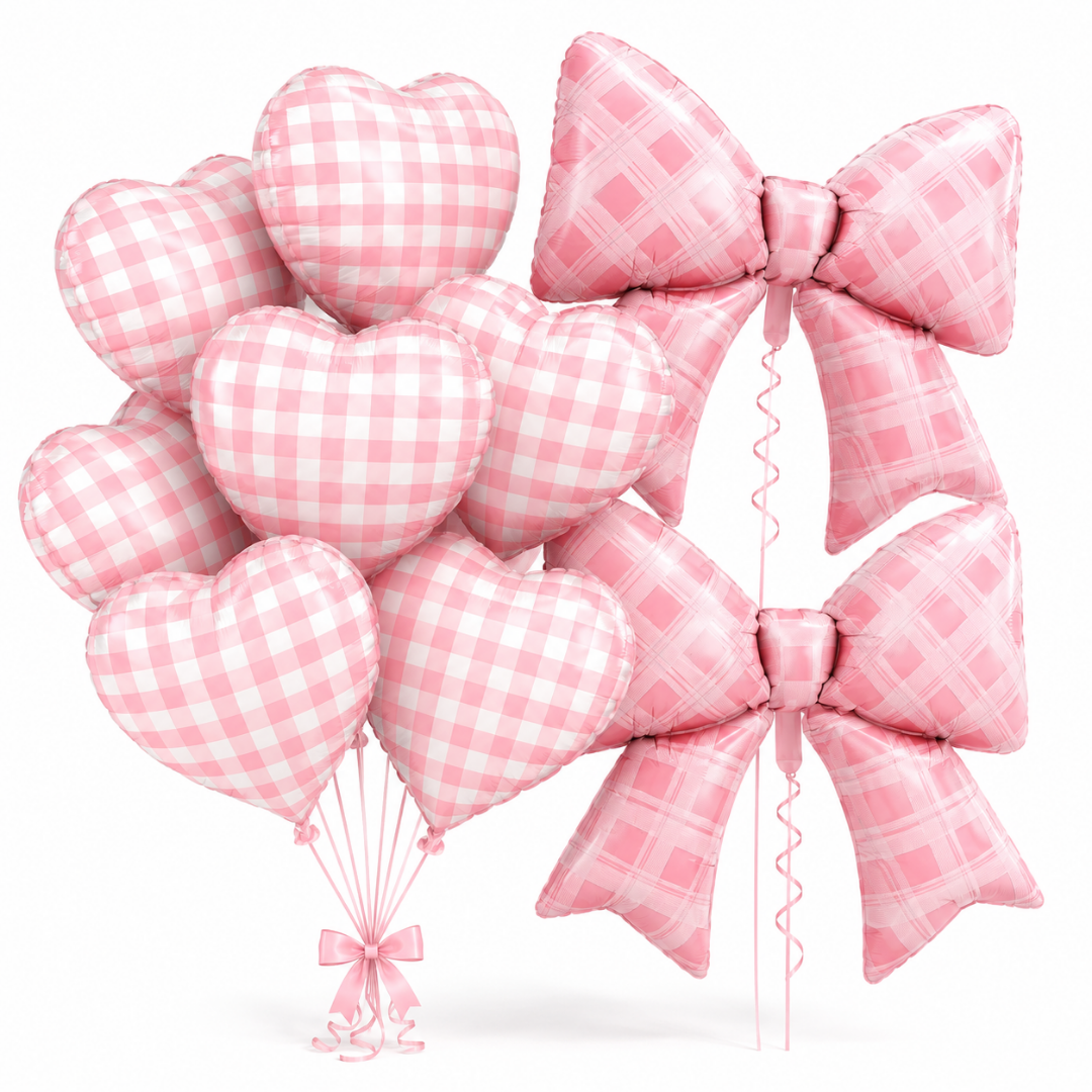 Bows & Heart Shaped Gingham Design Chequered Foil Balloons Set - 12PC | Bow - 30 inches , Heart - 18 inches