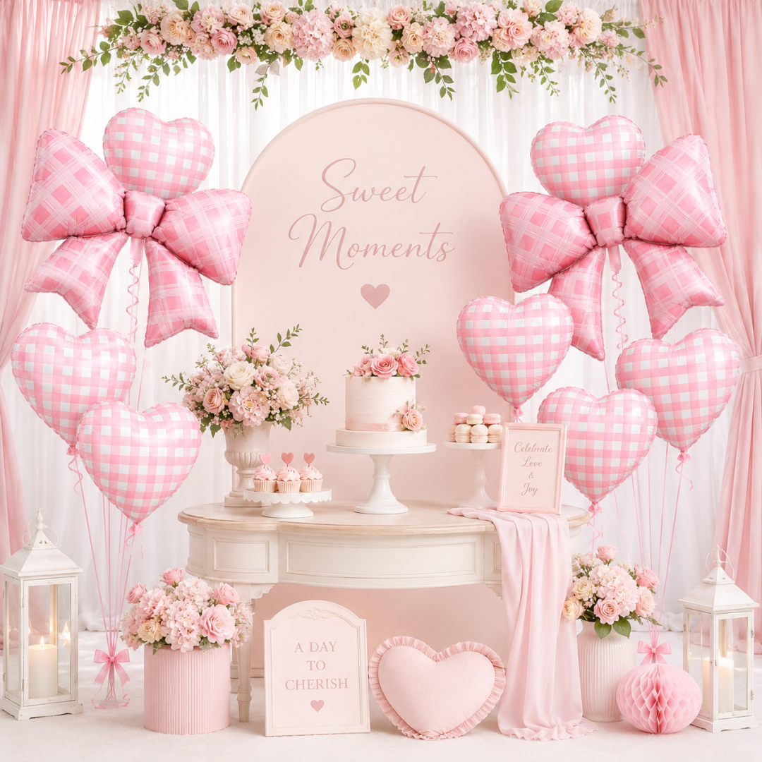 Bows & Heart Shaped Gingham Design Chequered Foil Balloons Set - 12PC | Bow - 30 inches , Heart - 18 inches