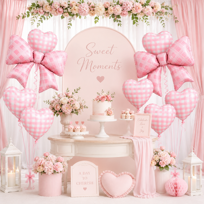Bows & Heart Shaped Gingham Design Chequered Foil Balloons Set - 12PC | Bow - 30 inches , Heart - 18 inches