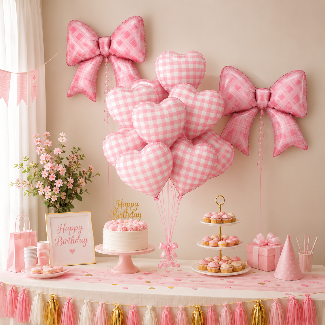 Bows & Heart Shaped Gingham Design Chequered Foil Balloons Set - 12PC | Bow - 30 inches , Heart - 18 inches