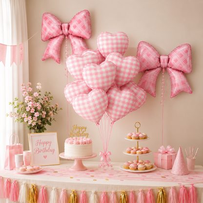 Bows & Heart Shaped Gingham Design Chequered Foil Balloons Set - 12PC | Bow - 30 inches , Heart - 18 inches