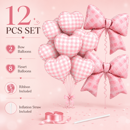 Bows & Heart Shaped Gingham Design Chequered Foil Balloons Set - 12PC | Bow - 30 inches , Heart - 18 inches