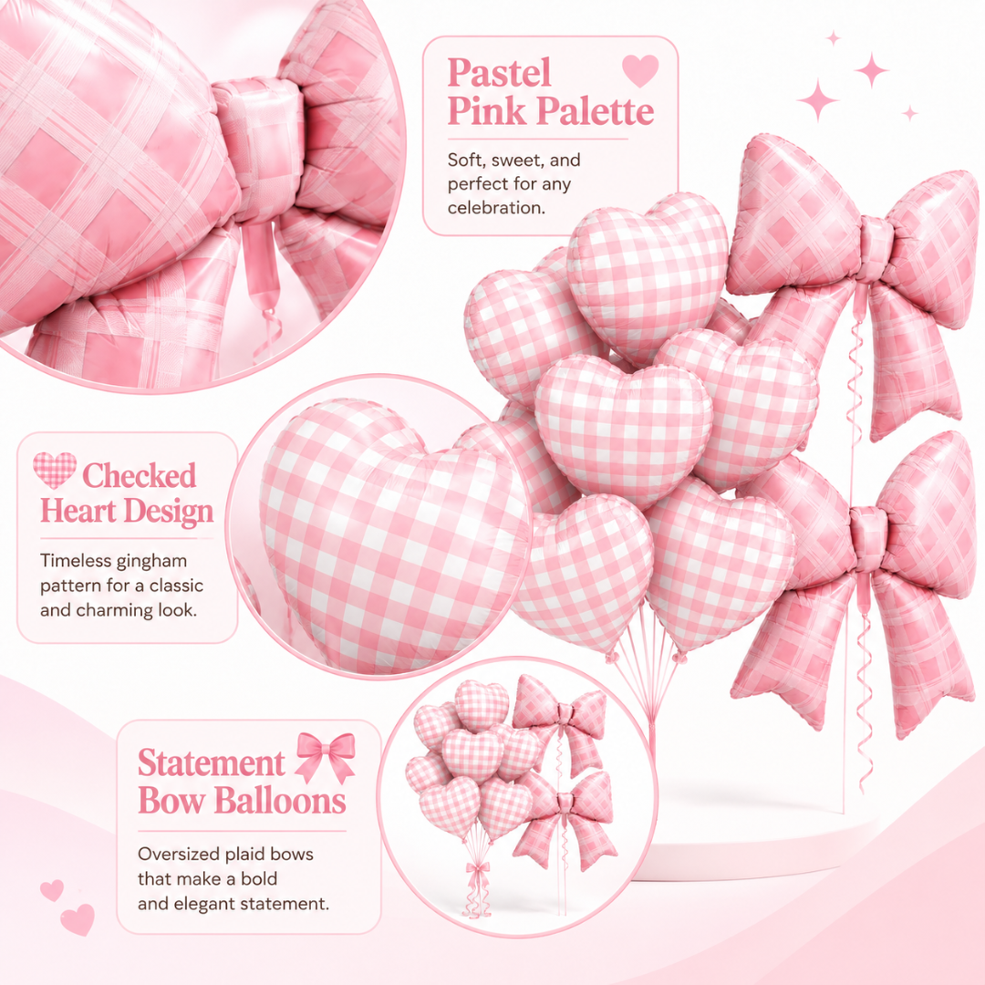 Bows & Heart Shaped Gingham Design Chequered Foil Balloons Set - 12PC | Bow - 30 inches , Heart - 18 inches