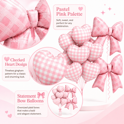 Bows & Heart Shaped Gingham Design Chequered Foil Balloons Set - 12PC | Bow - 30 inches , Heart - 18 inches