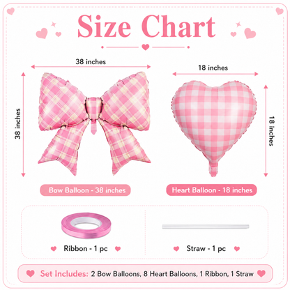 Bows & Heart Shaped Gingham Design Chequered Foil Balloons Set - 12PC | Bow - 30 inches , Heart - 18 inches