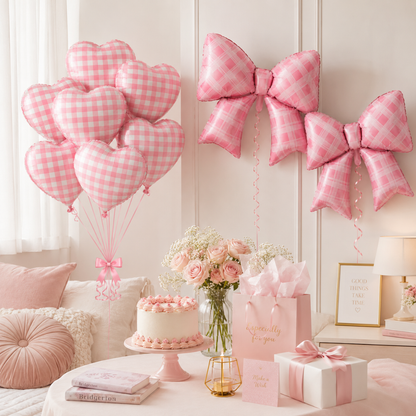 Bows & Heart Shaped Gingham Design Chequered Foil Balloons Set - 12PC | Bow - 30 inches , Heart - 18 inches