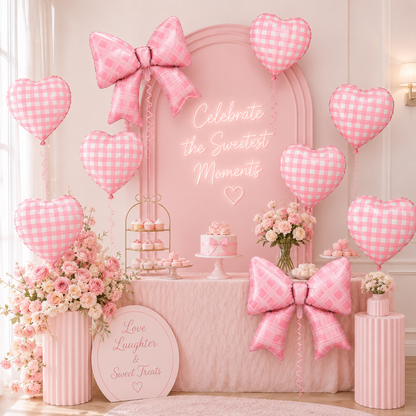 Bows & Heart Shaped Gingham Design Chequered Foil Balloons Set - 12PC | Bow - 30 inches , Heart - 18 inches