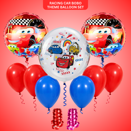 Racing Car BOBO Theme Balloon Decoration Set | 2 Round Car Foil Balloons, 1 Clear Bobo Printed Balloon, Red & Blue Latex Balloons & Ribbons for Kids Birthday Party - 11PC Set