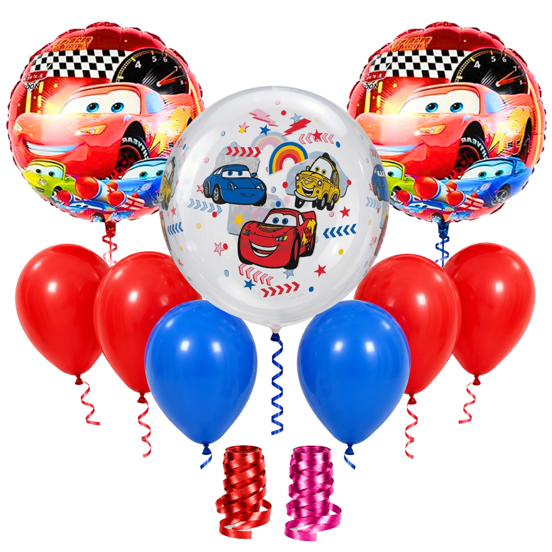 Racing Car BOBO Theme Balloon Decoration Set | 2 Round Car Foil Balloons, 1 Clear Bobo Printed Balloon, Red & Blue Latex Balloons & Ribbons for Kids Birthday Party - 11PC Set