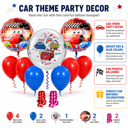 Racing Car BOBO Theme Balloon Decoration Set | 2 Round Car Foil Balloons, 1 Clear Bobo Printed Balloon, Red & Blue Latex Balloons & Ribbons for Kids Birthday Party - 11PC Set