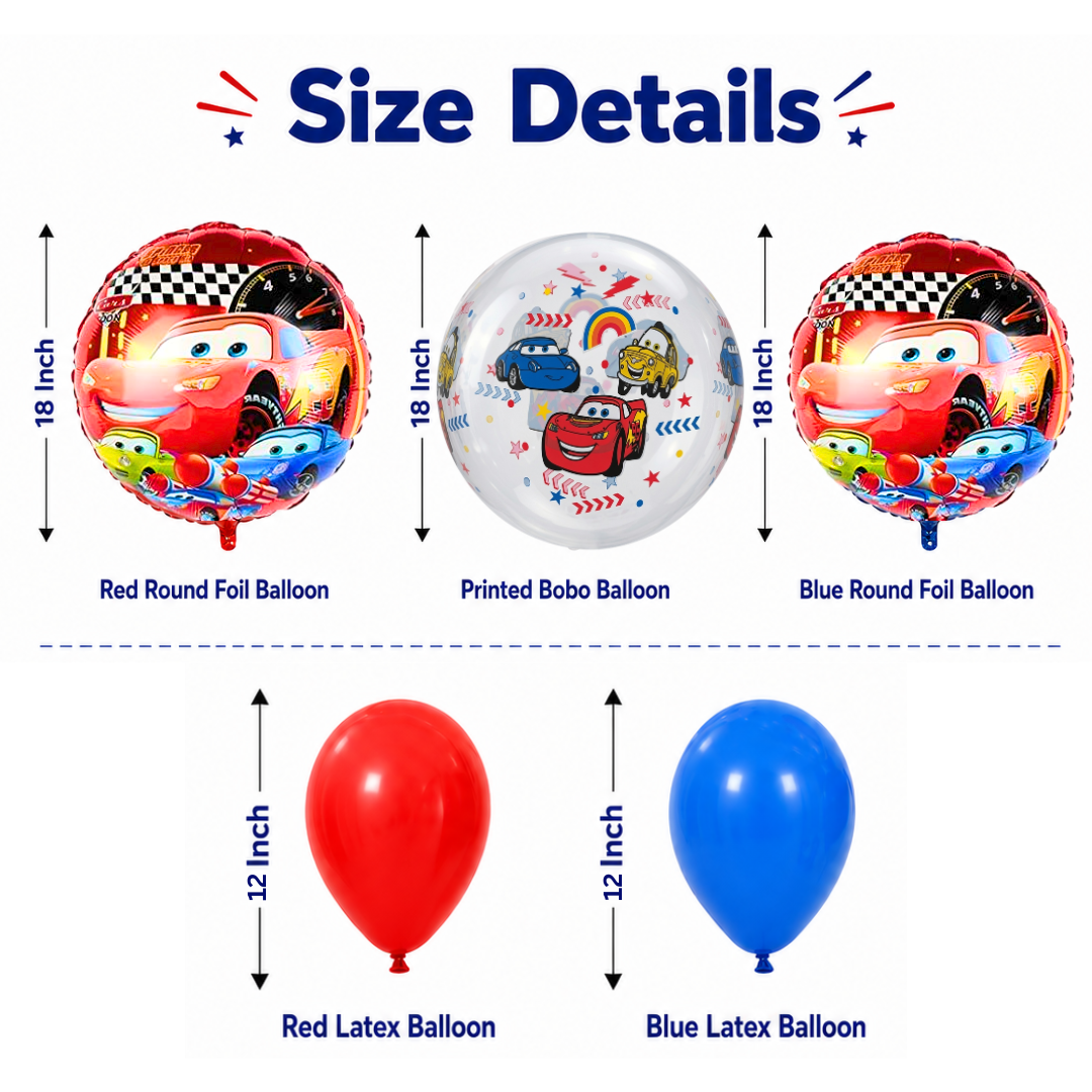 Racing Car BOBO Theme Balloon Decoration Set | 2 Round Car Foil Balloons, 1 Clear Bobo Printed Balloon, Red & Blue Latex Balloons & Ribbons for Kids Birthday Party - 11PC Set