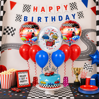 Racing Car BOBO Theme Balloon Decoration Set | 2 Round Car Foil Balloons, 1 Clear Bobo Printed Balloon, Red & Blue Latex Balloons & Ribbons for Kids Birthday Party - 11PC Set
