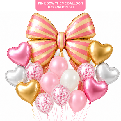 Pink Striped Bow & Heart Shaped Balloons Set - 17PC