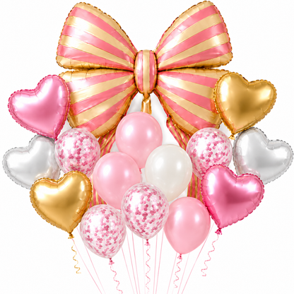 Pink Striped Bow & Heart Shaped Balloons Set - 17PC