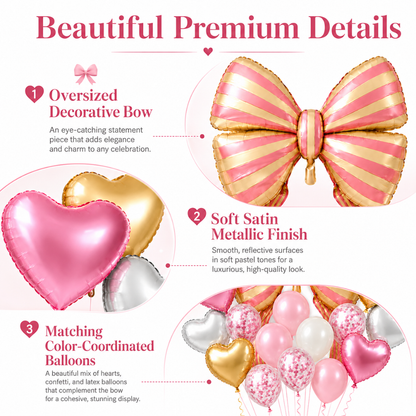 Pink Striped Bow & Heart Shaped Balloons Set - 17PC