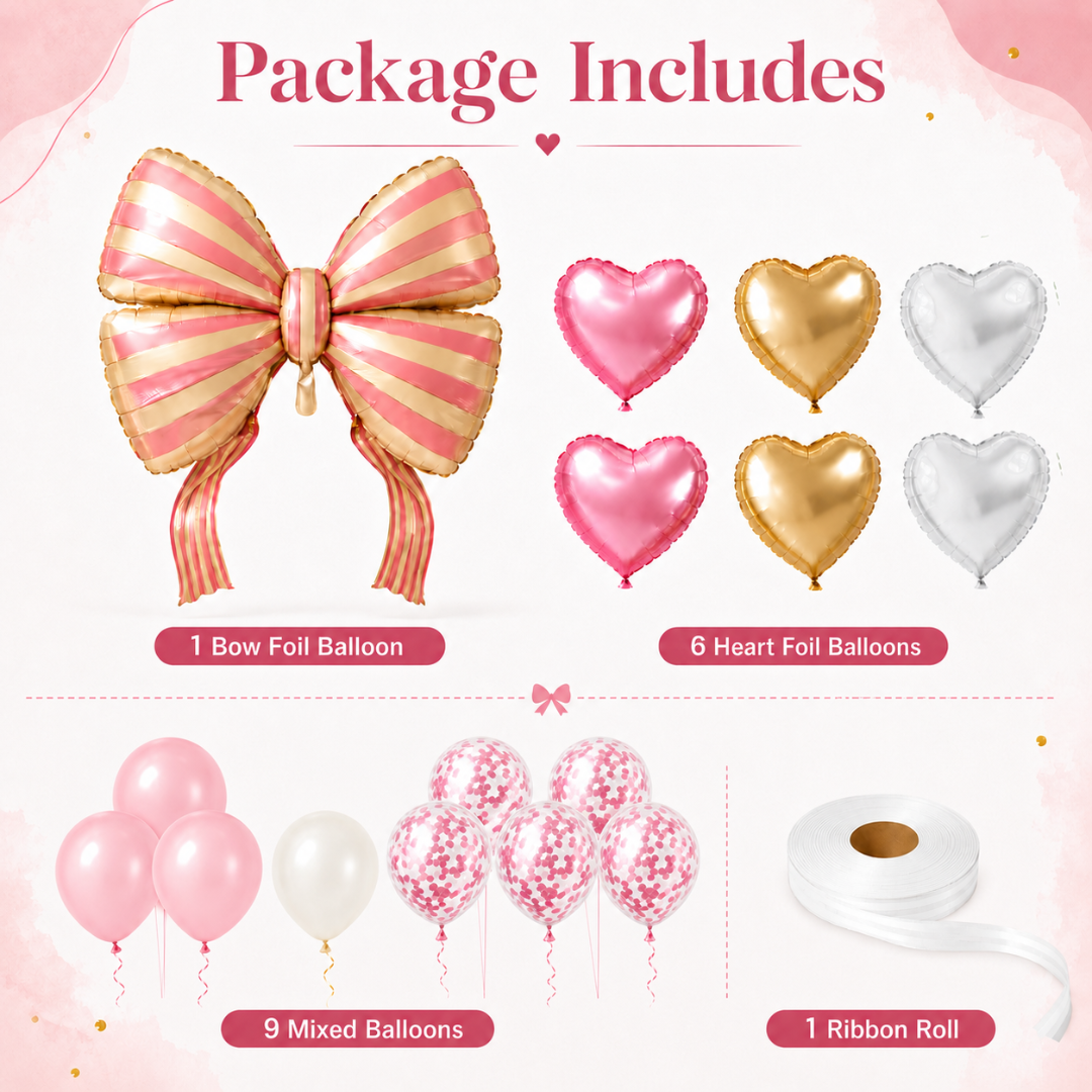 Pink Striped Bow & Heart Shaped Balloons Set - 17PC