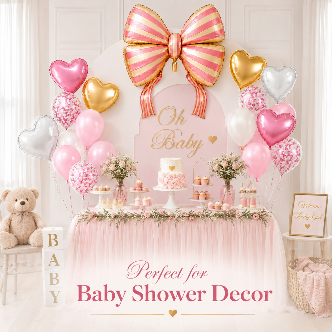 Pink Striped Bow & Heart Shaped Balloons Set - 17PC