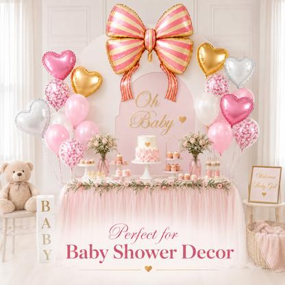 Pink Striped Bow & Heart Shaped Balloons Set - 17PC