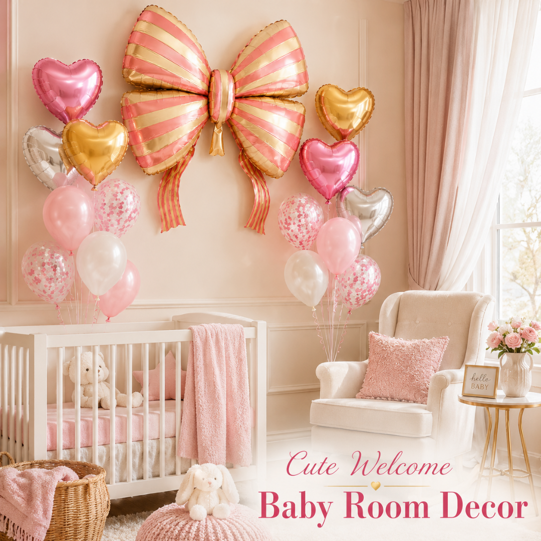 Pink Striped Bow & Heart Shaped Balloons Set - 17PC