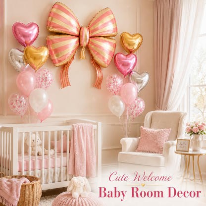 Pink Striped Bow & Heart Shaped Balloons Set - 17PC