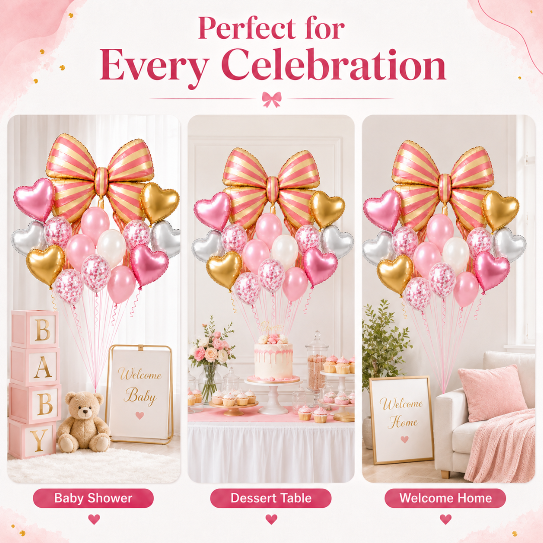 Pink Striped Bow & Heart Shaped Balloons Set - 17PC