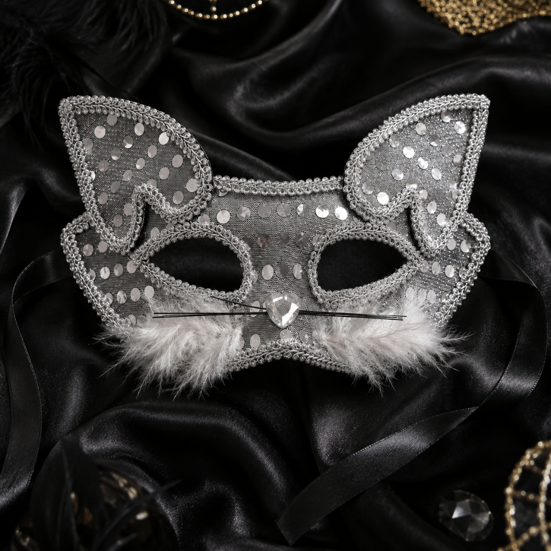 Fancy Cat Mask Silver for Masquerade & Notty Party