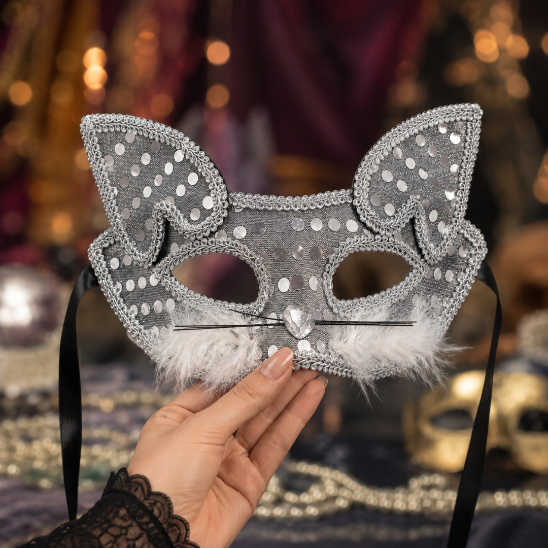 Fancy Cat Mask Silver for Masquerade & Notty Party