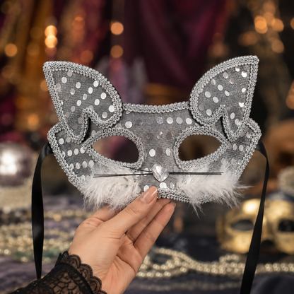 Fancy Cat Mask Silver for Masquerade & Notty Party