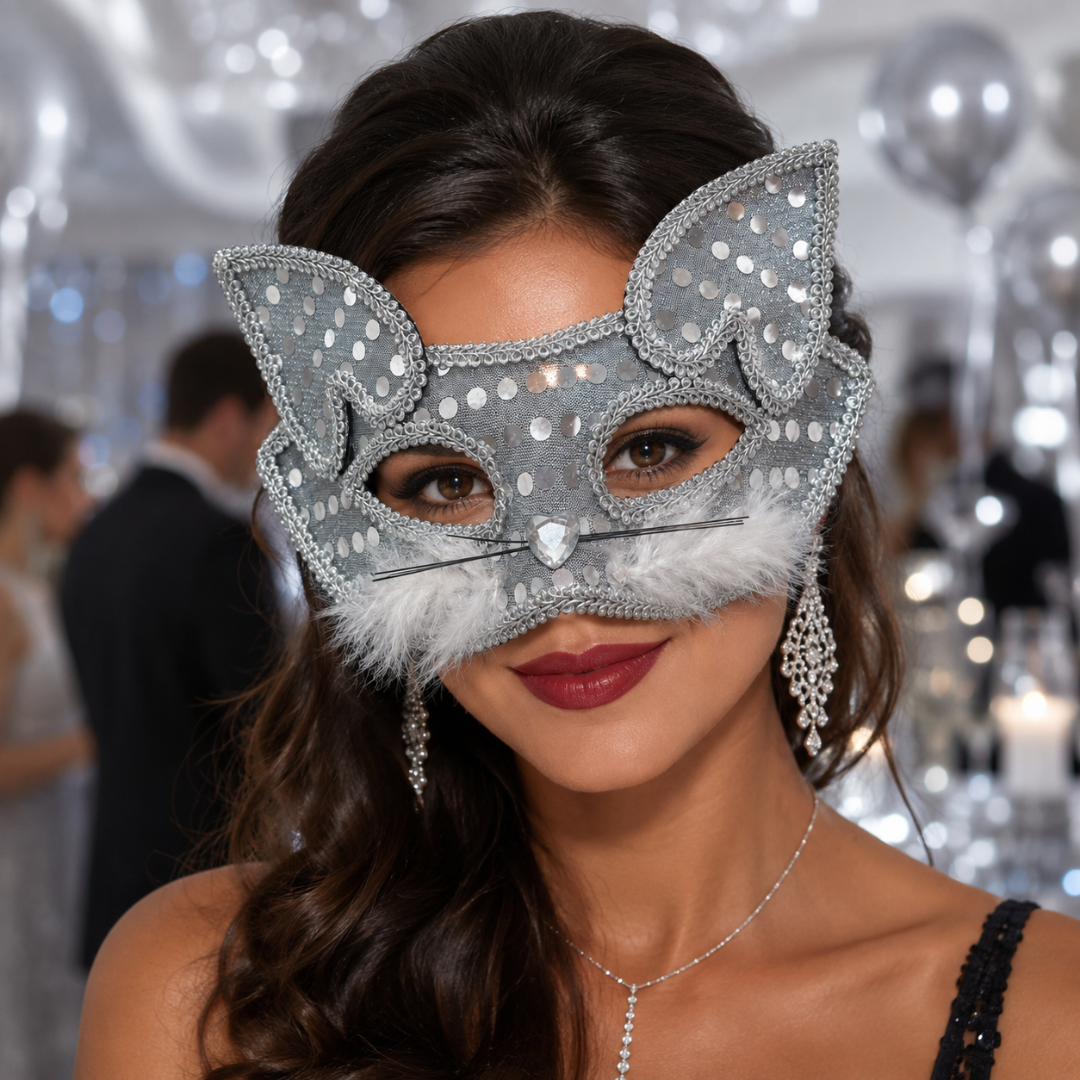 Fancy Cat Mask Silver for Masquerade & Notty Party