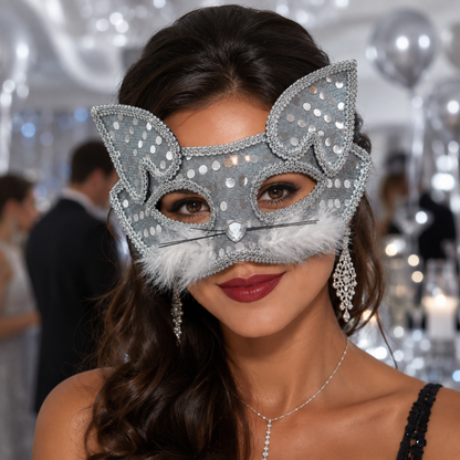 Fancy Cat Mask Silver for Masquerade & Notty Party