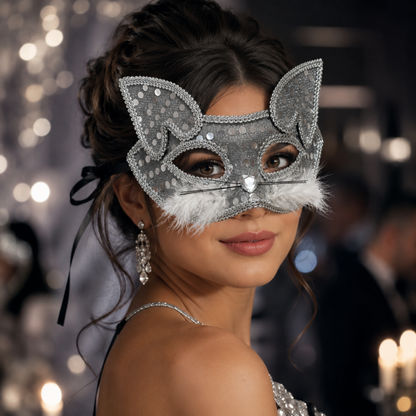 Fancy Cat Mask Silver for Masquerade & Notty Party