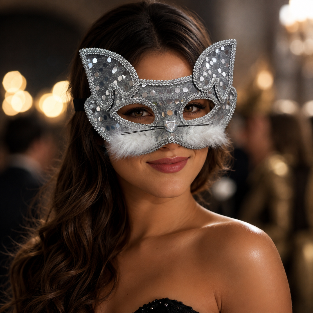 Fancy Cat Mask Silver for Masquerade & Notty Party
