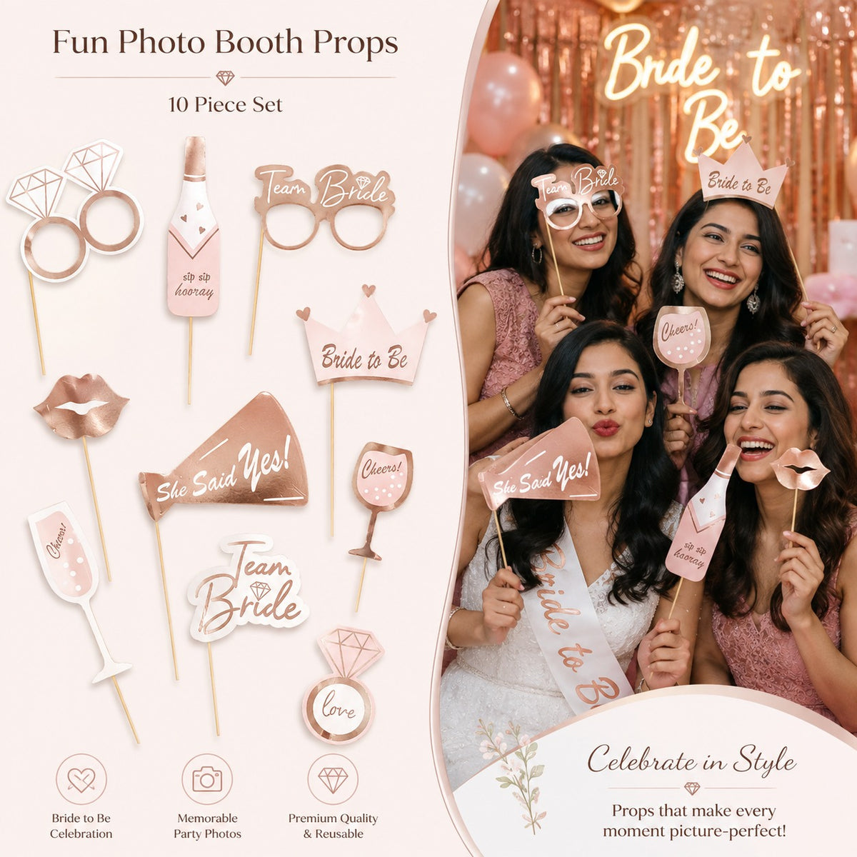 Team Bride Photo Props  Rose Gold - 10PC