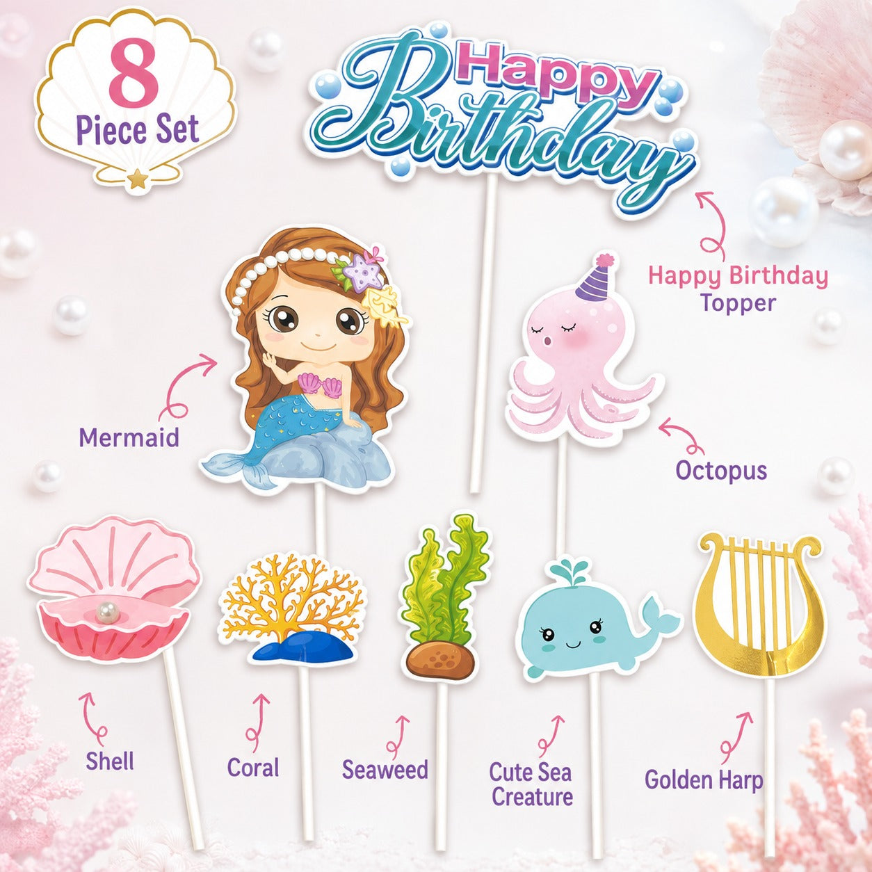 Mermaid Theme Cake Topper - 8PC