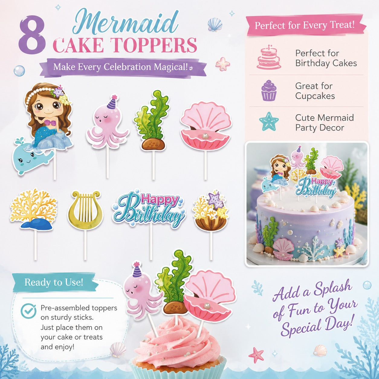 Mermaid Theme Cake Topper - 8PC
