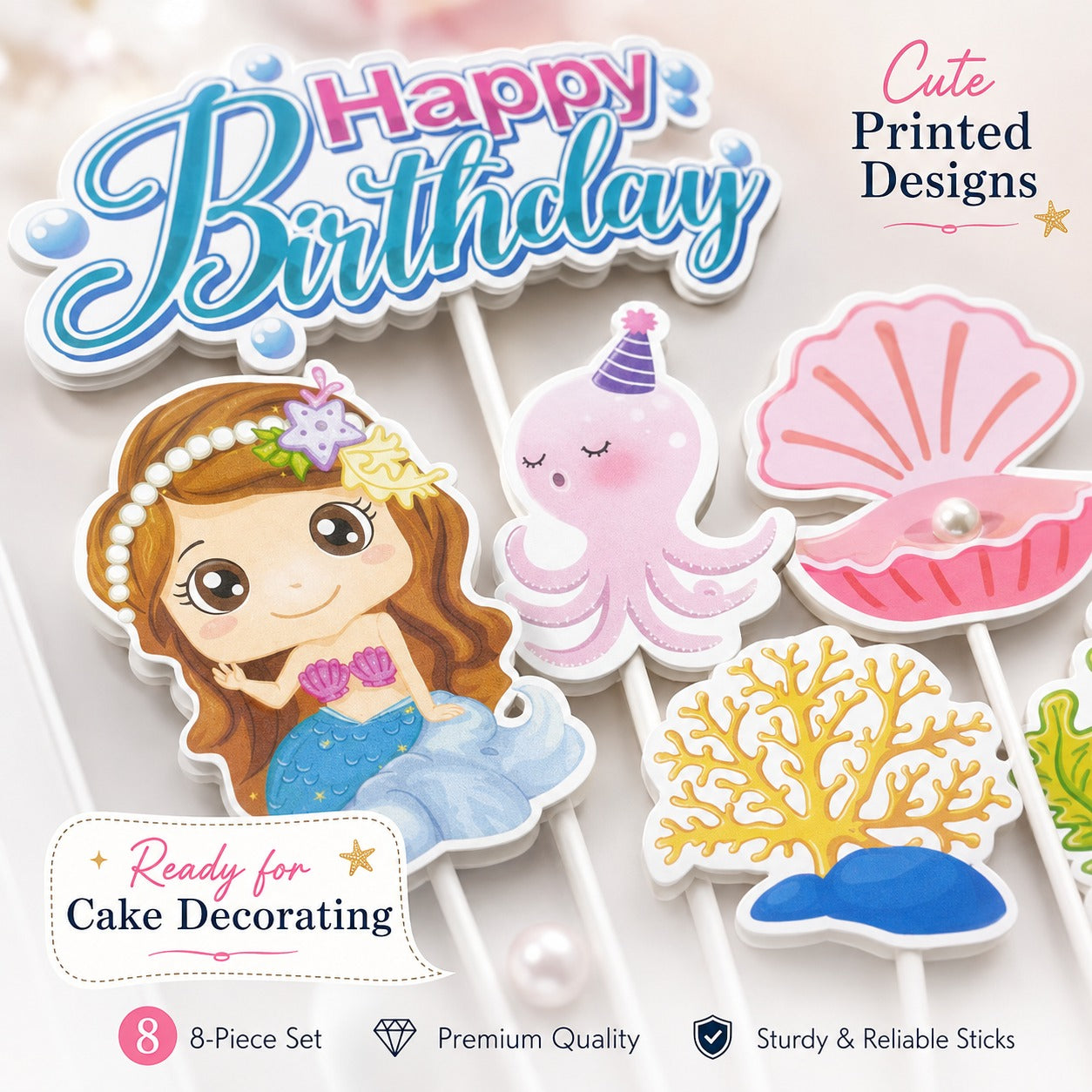 Mermaid Theme Cake Topper - 8PC