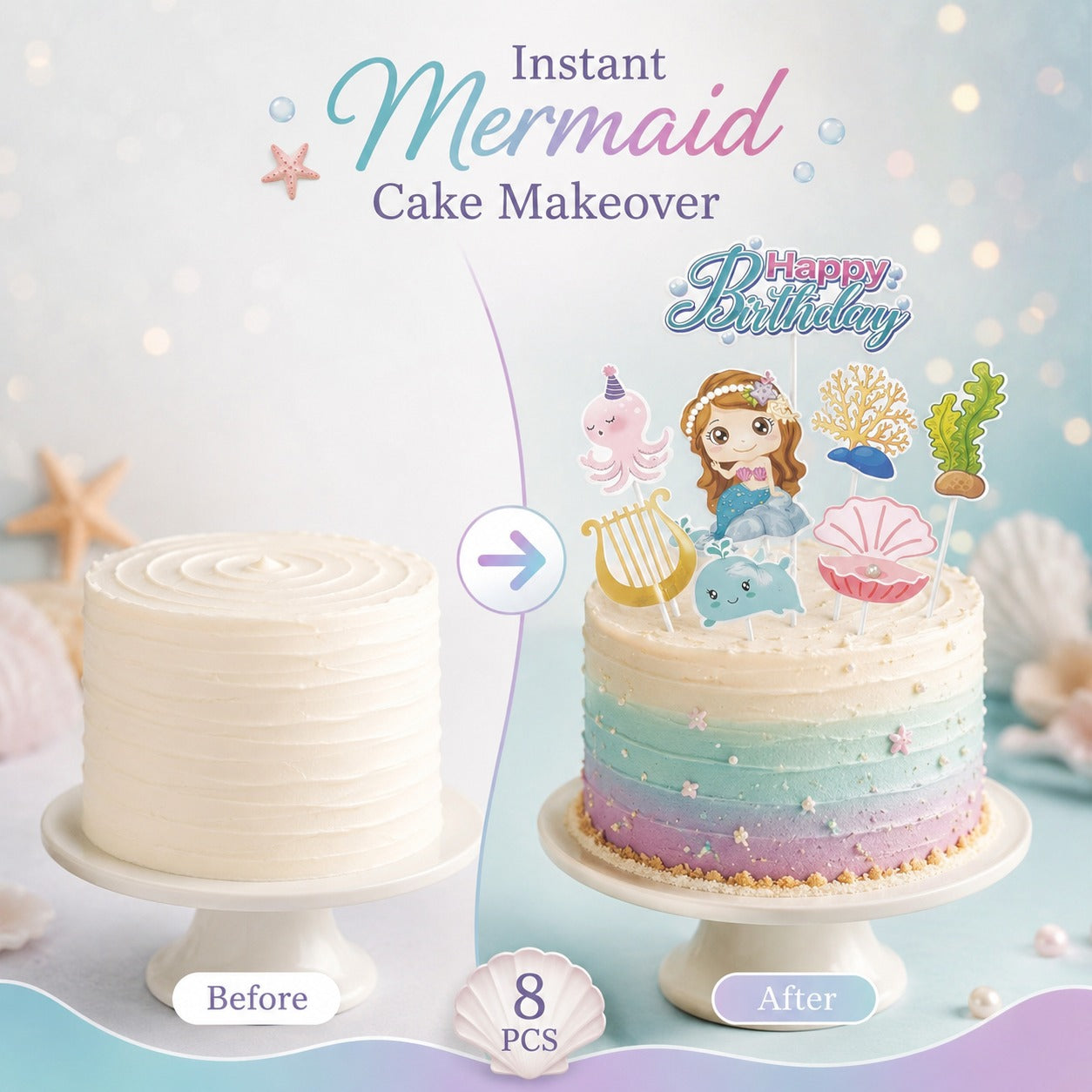 Mermaid Theme Cake Topper - 8PC