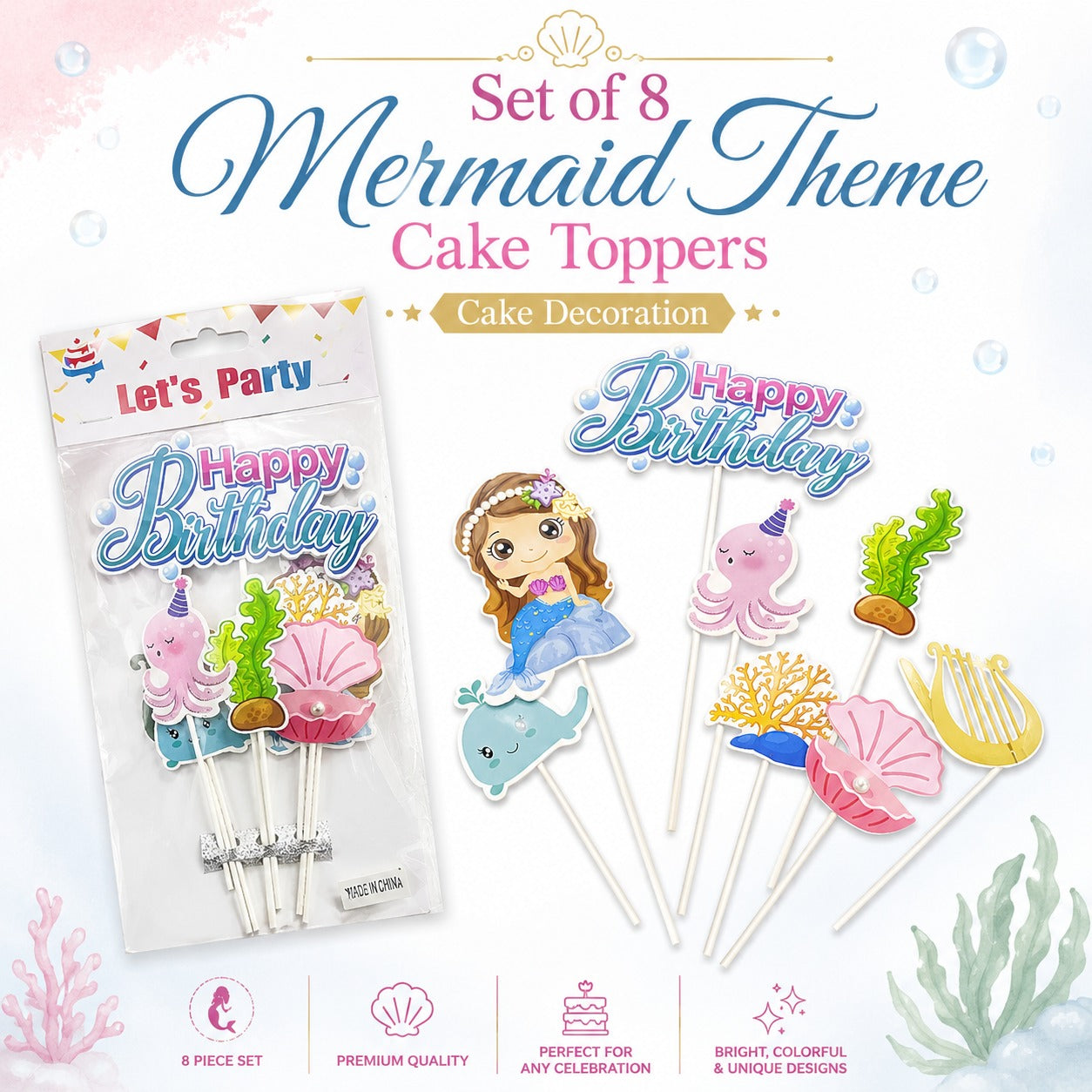 Mermaid Theme Cake Topper - 8PC
