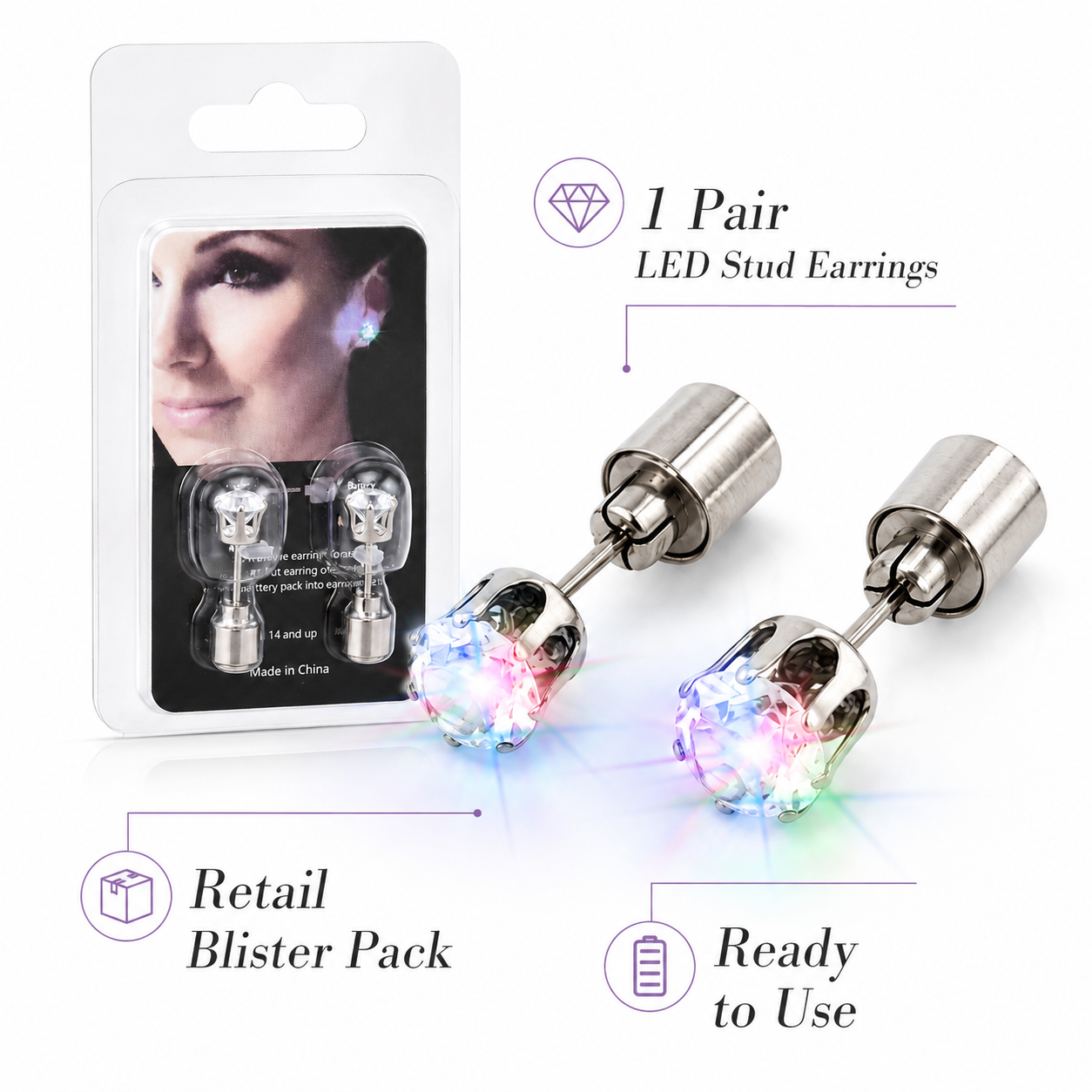 LED Stud Ear Rings - Set of 2