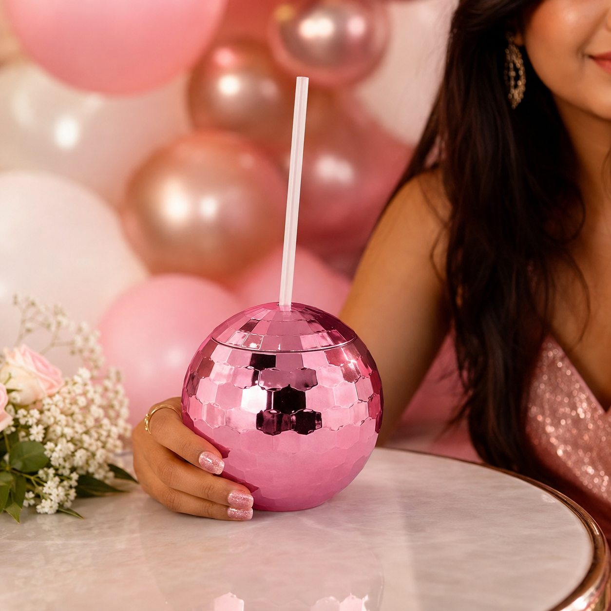 Disco Ball Cocktail Drinking Cups Pink - 1PC