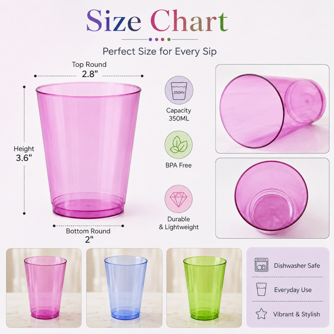 Neon Plastic Multicolor Reusable Cups - 6PC - 350ML