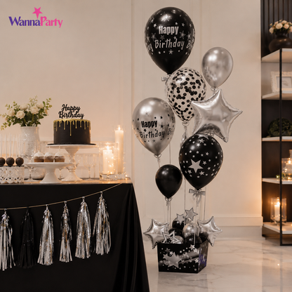 Black and Golden Balloon Bouquet Set with Base Stand - 16PC | Table Centerpiece Decoration | Foil Star and Printed Latex Balloons - 1 Set