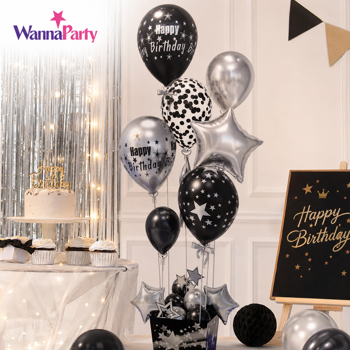 Black and Golden Balloon Bouquet Set with Base Stand - 16PC | Table Centerpiece Decoration | Foil Star and Printed Latex Balloons - 1 Set