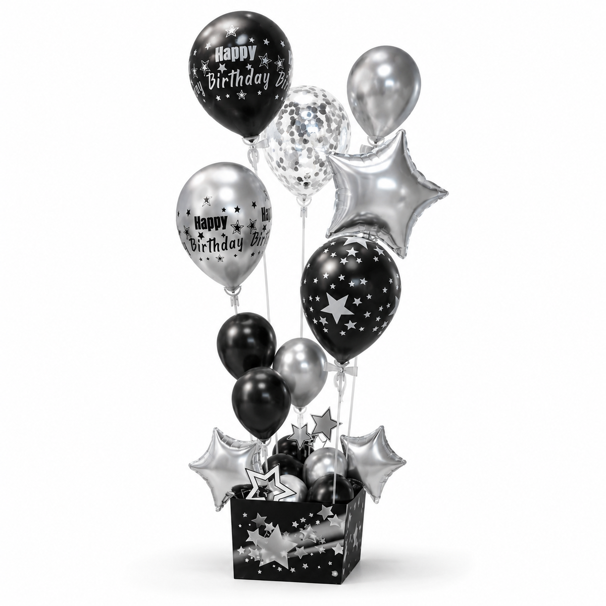 Black and Golden Balloon Bouquet Set with Base Stand - 16PC | Table Centerpiece Decoration | Foil Star and Printed Latex Balloons - 1 Set