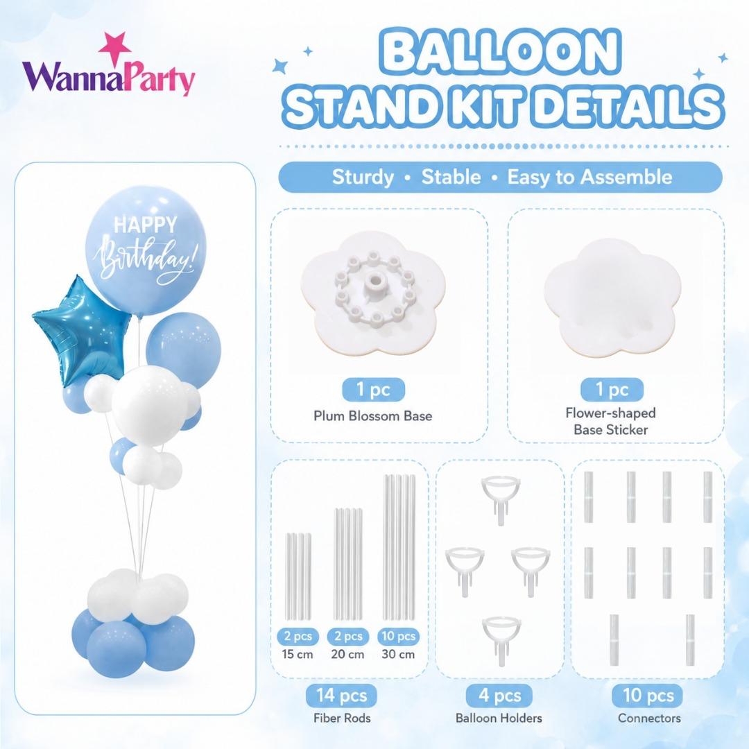 Blue & White Happy Birthday Balloon Bouquet Stand Set - 21 Pcs | Balloons with Plum Blossom Base, Holder & Fiber Rods, Table Centerpiece Decoration for Kids Adults Party - 1 Set