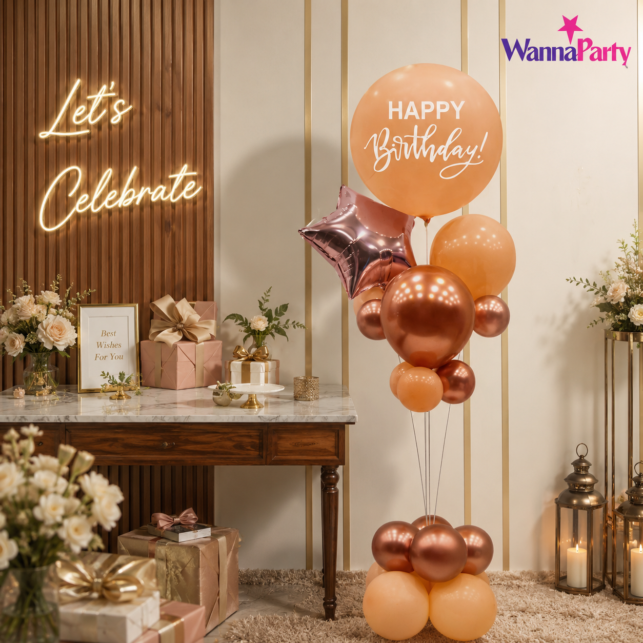 Peach & Rose Gold Happy Birthday Balloon Bouquet Stand Set -  21 Pcs | Balloons with Plum Blossom Base, Holder & Fiber Rods, Table Centerpiece Decoration for Birthday Party - 1 Set
