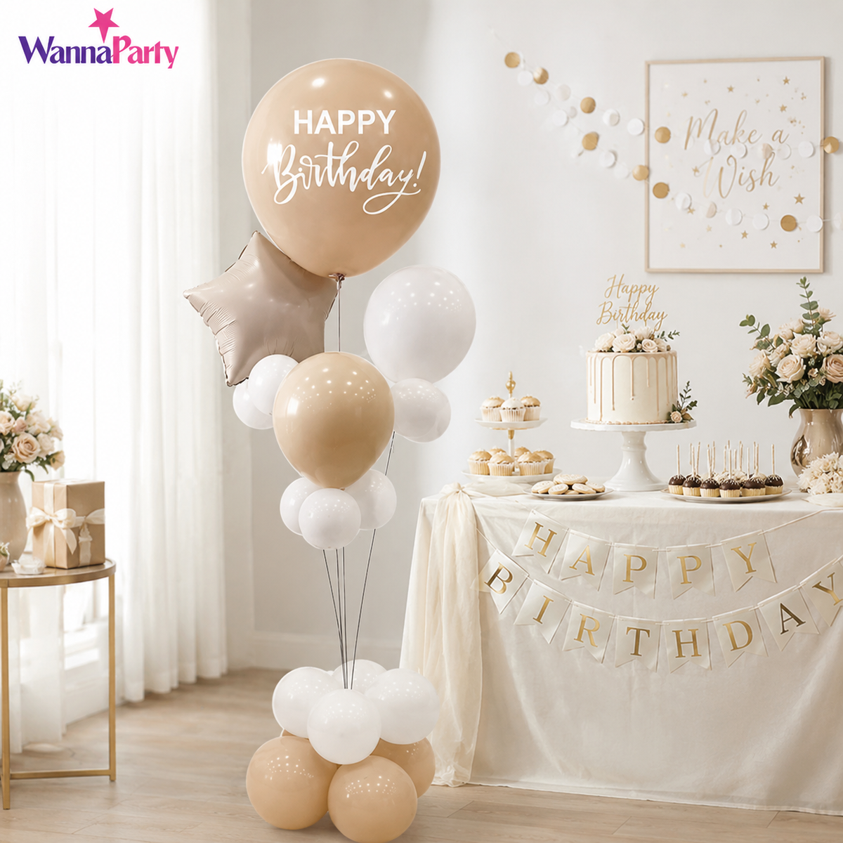 Peach and Rose Gold Happy Birthday Balloon Bouquet Stand Set - 21 Pcs | Balloons with Plum Blossom Base, Holder and Fiber Rods, Table Centerpiece Decoration for Birthday Party - 1 Set